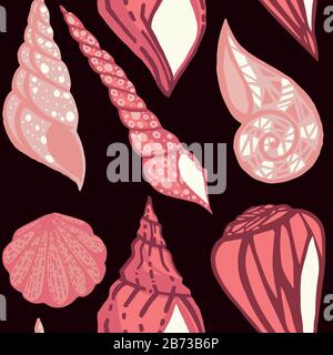 Seamless pattern big different seashell collection red tropical shells flat vector illustration on white background. Stock Vector