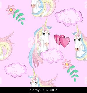 Seamless pattern with trendy cartoon patches. Unicorns, rainbows and hearts. Stock Vector
