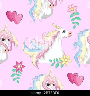 Seamless pattern with trendy cartoon patches. Unicorns, rainbows and hearts. Stock Vector