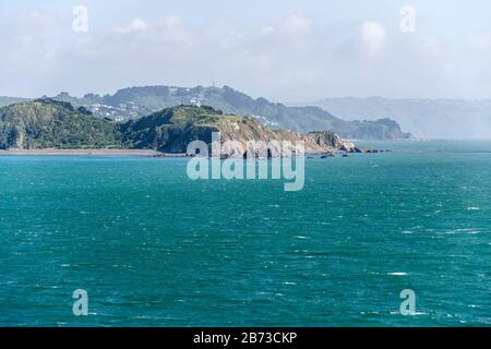 landscape with rocky  cape of Owhiro bay facing Cook strait, shot in bright spring light near Wellington, North Island, New Zealand Stock Photo