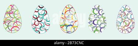 five contours of Easter eggs with patterns of multi-colored rings of different shapes and sizes Stock Vector