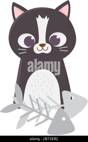 cats make me happy, cute black cat with fishbones cartoon vector illustration Stock Vector