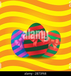 Festive background Easter egg ribbon bow stripes on yellow isolated background. Vector image Stock Vector