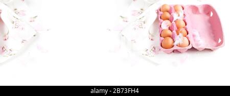 Close-up view of raw chicken eggs in egg box on white background. Decor and feathers. Free space for text. Banner. Stock Photo