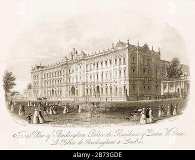 Front view of Buckingham Palace, London, 19th Century illustration by Joseph Thomas Wood, 1841-1845 Stock Photo