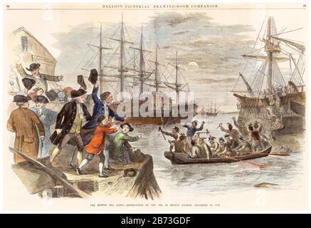 The Boston Tea Party, Destruction of the Tea in Boston Harbor, December 16th 1773, 19th Century engraving illustration by John Andrew, 1856 Stock Photo