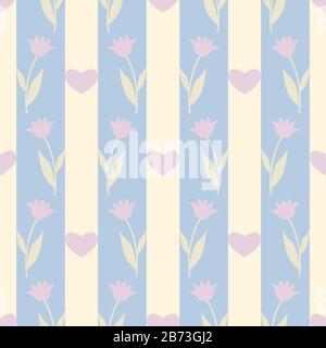 Seamless pattern with hearts and flowers tulips. Spring floral background. Vector illustration EPS10 Stock Vector