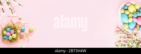 Stylish background with colorful easter eggs isolated on pink pastel background with blooming cherry branches. Horizontal long banner for web design Stock Photo