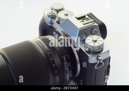 Eskisehir,TURKEY: March 01,2020: Isolated Fujifilm camera XT3 with 80 mm macro lens  on white background. Stock Photo