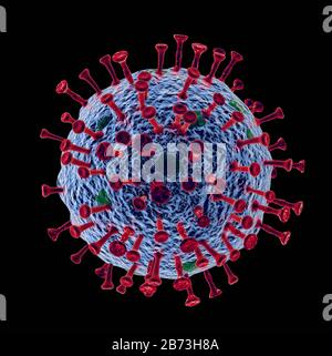 Illustration of a virus pathogen, blue with red antennae black background Stock Photo