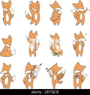 Cute hand drawn cartoon foxes. Funny set sticker pack. Isolated vector illustration Stock Vector