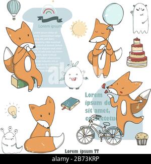 Cute hand drawn cartoon foxes. Funny set sticker pack. Isolated vector illustration Stock Vector