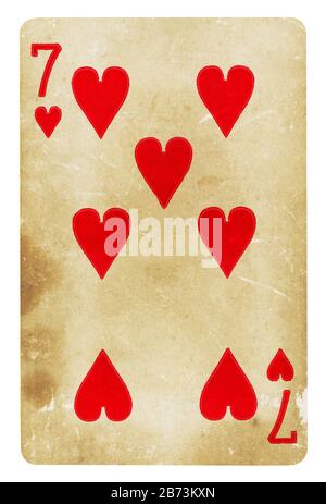 Seven of Hearts Vintage playing card - isolated on white (clipping path included) Stock Photo