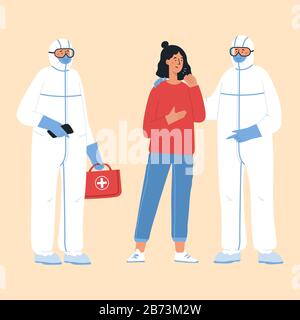 Doctors in protective suit and young woman coughing. China pathogen respiratory coronavirus.  Stock Vector