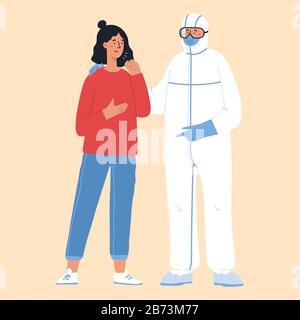 Epidemic disease concept. Doctor in protective suit and woman. China pathogen respiratory coronavirus.  Stock Vector