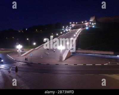 Chkalov’s staircase, Night, lit by lanterns. The square in front of it, a walking platform. Russia Stock Photo