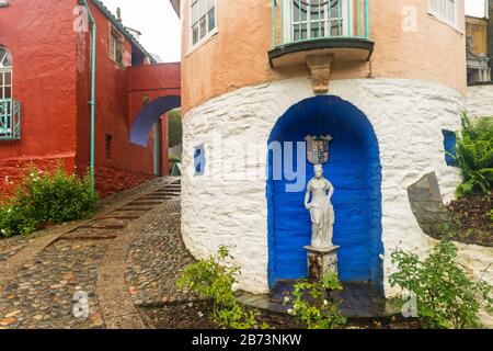 A cobbled path in the tourist village of Portmeirion, North Wales, the location of the 1960s television series, 'The Prisoner'. Stock Photo