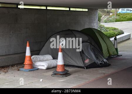 Homeless people sleeping in tents in the underpasses in Central Milton Keynes. Stock Photo