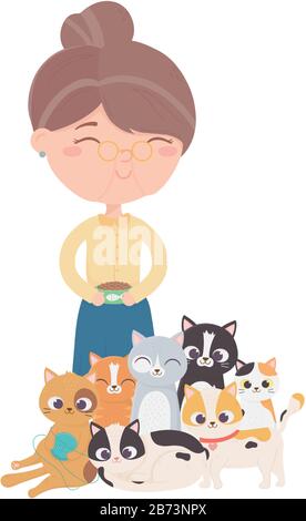 cats make me happy, old woman with bowl food and many kittens cartoon vector illustration Stock Vector