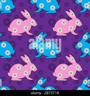 Seamless pattern stylized silhouette of a hare and flowers on a purple background. Vector image Stock Vector