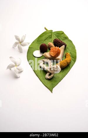 Hindu Puja with betel leaf, supari, janeu, almond, dates, turmeric, dried coconut and jaggery with 1 rupee coin. Important item in Vedic rituals. sele Stock Photo