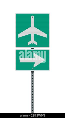 Vector illustration of the Airport symbol with arrow green road sign on metallic post Stock Vector