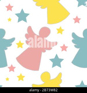 Cute pattern with angels and stars, christmas, easter holiday. Fabric design, background, wrapping paper . Hand drawn illustration. Stock Vector