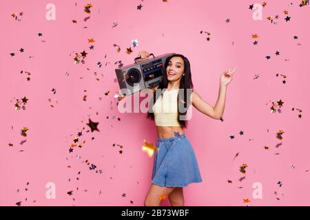 Portrait of her she nice-looking lovely adorable sweet slim fit thin attractive cheerful cheery carefree girl having fun showing v-sign isolated over Stock Photo