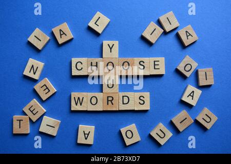 Choose Your Words, surrounded by random letters on blue background Stock Photo