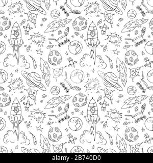 Seamless pattern with space doodles. Black outline elements on white background. Vector illustration. Stock Vector
