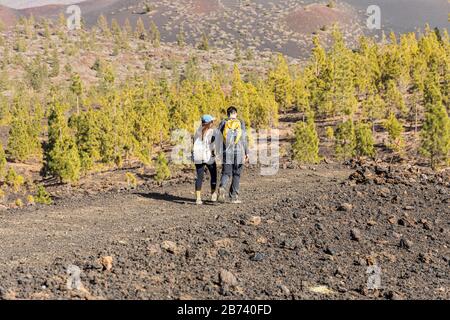 Walking on a route between Samara mountain and Teide in the National park, Las Canadas del teide, Tenerife, Canary Islands, Spain Stock Photo