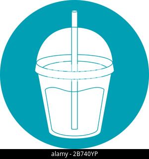 drinks plastic disposable cup milkshake with straw vector illustration blue block style icon Stock Vector