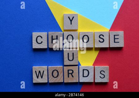 Choose Your Words in 3d wooden alphabet letters on a colorful background Stock Photo