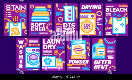 Laundry Service Advertising Posters Set Vector Stock Vector