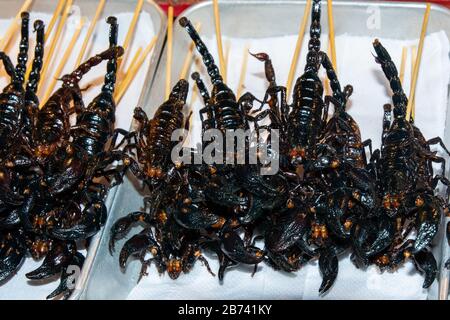Fried scorpions for sale in Thailand Stock Photo