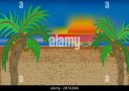 Evening on the tropical beach with sea, sun and palm trees. Colorful picture for rest. Orange sunset in the blue sky. Vacation background with copy sp Stock Vector