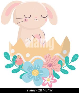 happy easter day, adorable rabbit in eggshell flowers foliage vector illustration Stock Vector