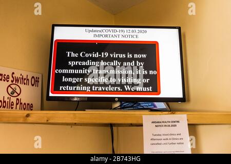 Ardara, County Donegal, Ireland. 13th March 2020. Advice in Ardara Health Centre stating that Coronavirus, Covid-19, is spreading locally in and around the north-west coastal village. Stock Photo