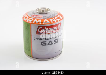 Coleman Performance gas canister used as fuel for camping stoves and portable burners produced by the Coleman Company Inc of Chicago USA Stock Photo