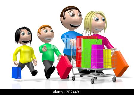 3D happy family, shopping concept Stock Photo