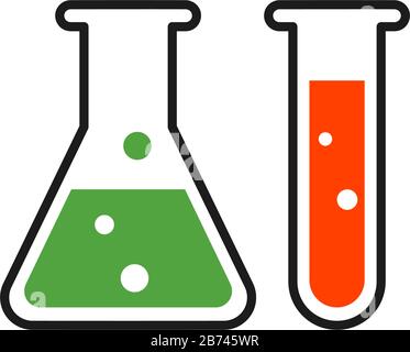 Chemistry beakers with Erlenmeyer flask and test tube holding colourful chemicals flat style vector icon for science apps and websites Stock Vector