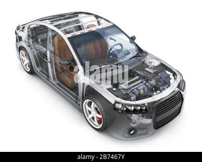 Transparent body car and spare and engine and other detail on white background. 3d illustration Stock Photo