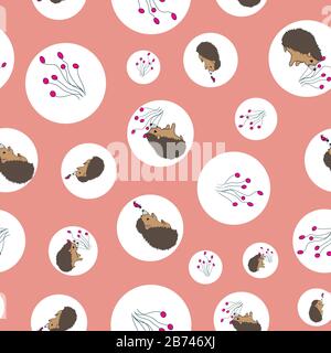Hedgehog exploring plants and ladybugs in circles seamless vector pattern surface design Stock Vector