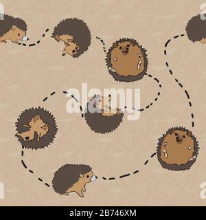 Hedgehog rolling and playing with subtle mushroom background seamless vector pattern illustration Stock Vector