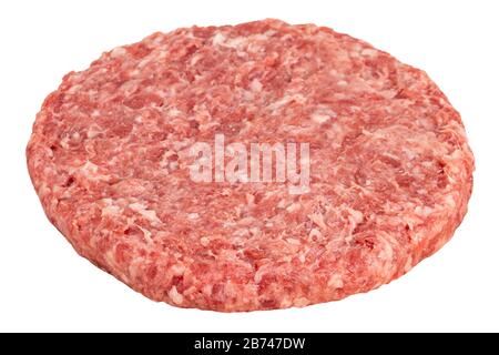 Raw fresh large beef burger isolated on white background. Stock Photo