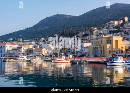 Samos Town harbour in morning light Samos Greece Stock Photo