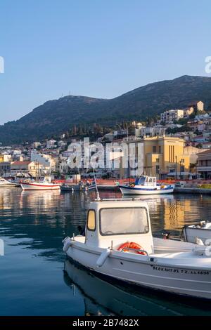 Samos Town harbour in morning light Samos Greece Stock Photo