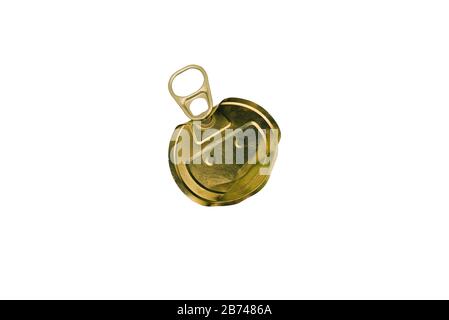 Round can lid. Crumpled metal cap isolated on white background. Garbage for recycling Stock Photo