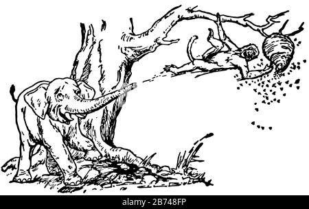 Elephant's Child, this scene shows a monkey on branch of tree trying to get honey from beehive, and an elephant saving monkey from bees by his trunk, Stock Vector