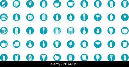 drinks beverage glass cups bottle alcoholic liquor icons set vector illustration blue block style icon Stock Vector